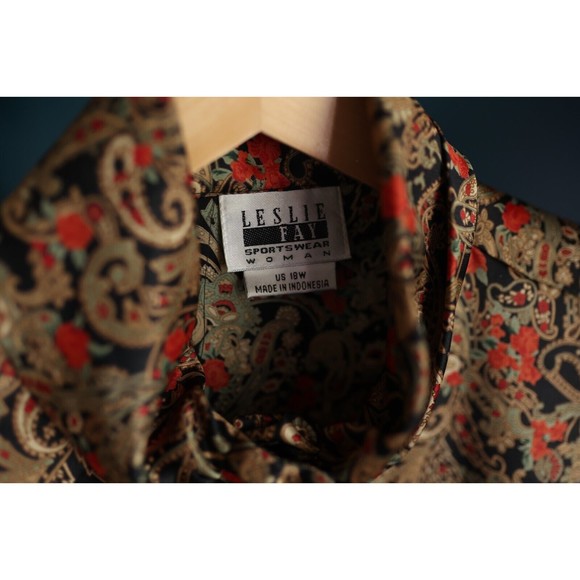 Vintage Leslie Fay printed floral Rose paisley banded collar Silk button up 18W - Picture 8 of 11